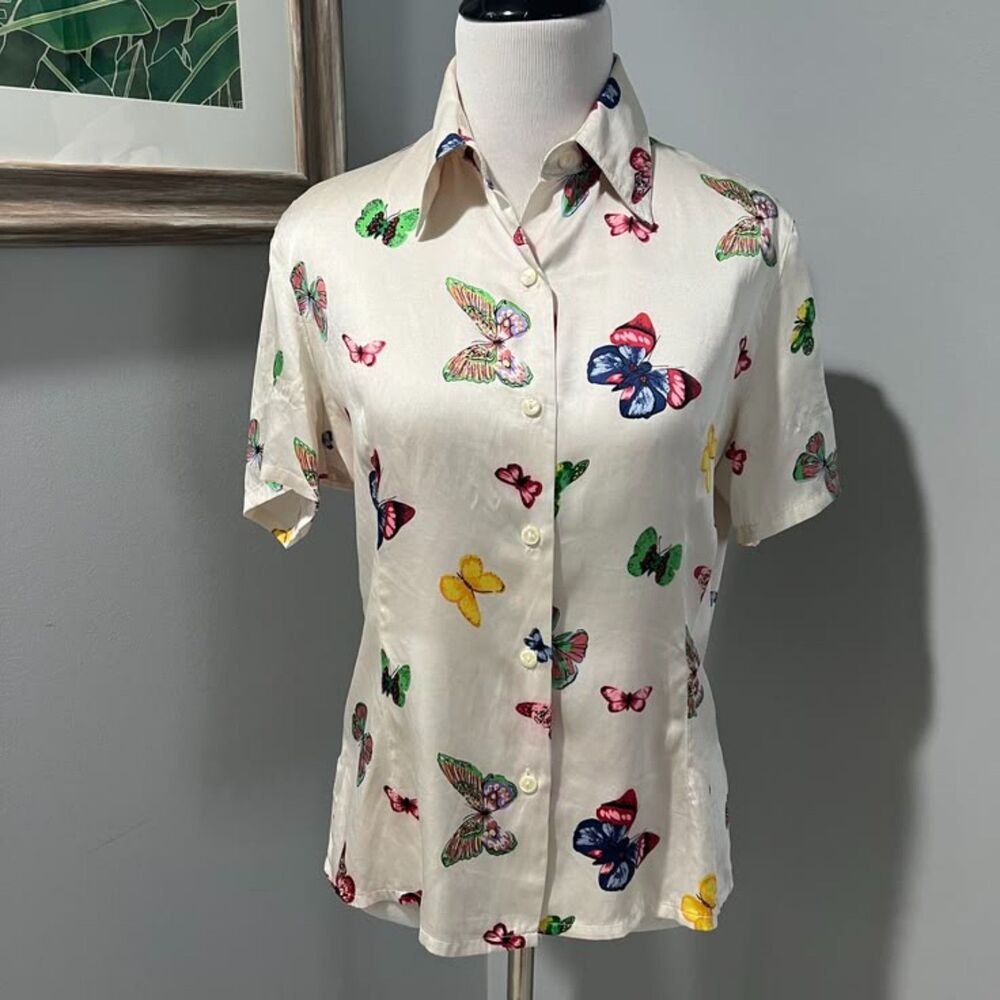 Vintage K Arnold Silk Butterfly Button Down Short Sleeve Blouse Top Shirt-Small